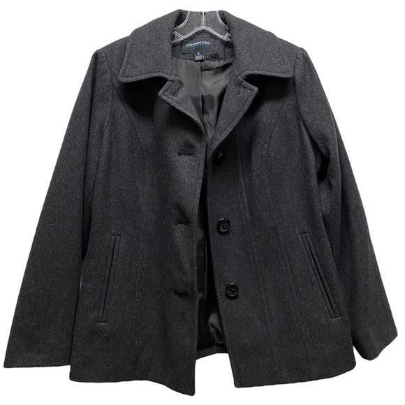 LONDON FOG 3-Button Wool Blend Lined Pea Coat Charcoal Gray Petite Large - Picture 7 of 7
